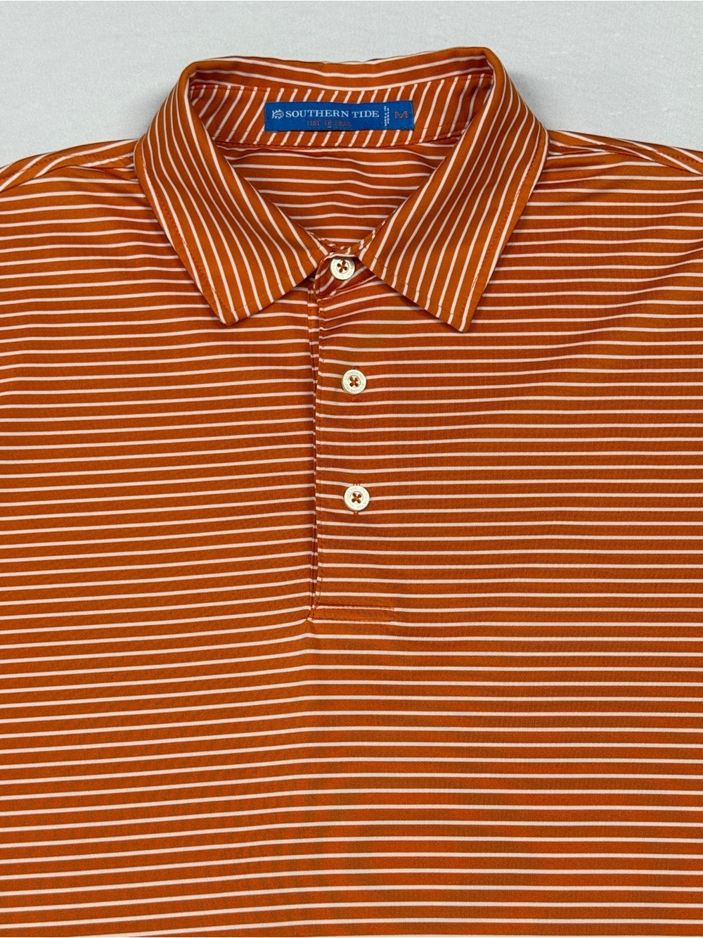 Men’s Medium Southern Tide Orange/White Stripe Performance Polo Short Sleeve - Picture 2 of 6